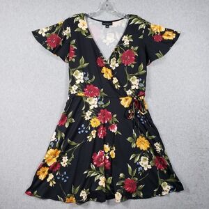 Fortune + Ivy Women L Black Floral Flutter Sleeve Faux Wrap Mini Dress V-Neck